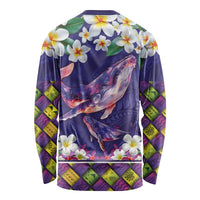 Hawaiian Plumeria and Humpback Whales Long Sleeve Shirt Polynerian Art Tattoo-Navy Color LT03 - Polynesian Pride
