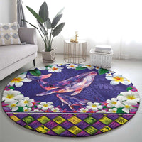 Hawaiian Plumeria and Humpback Whales Round Carpet Polynerian Art Tattoo-Navy Color