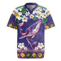 Hawaiian Plumeria and Humpback Whales Rugby Jersey Polynerian Art Tattoo-Navy Color
