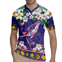 Hawaiian Plumeria and Humpback Whales Rugby Jersey Polynerian Art Tattoo-Navy Color