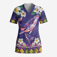Hawaiian Plumeria and Humpback Whales Scrub Top Polynerian Art Tattoo-Navy Color - Polynesian Pride