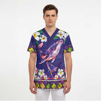 Hawaiian Plumeria and Humpback Whales Scrub Top Polynerian Art Tattoo-Navy Color - Polynesian Pride