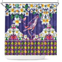 Hawaiian Plumeria and Humpback Whales Shower Curtain Polynerian Art Tattoo-Navy Color