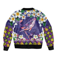 Hawaiian Plumeria and Humpback Whales Sleeve Zip Bomber Jacket Polynerian Art Tattoo-Navy Color