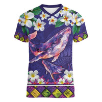 Hawaiian Plumeria and Humpback Whales Women V-Neck T-Shirt Polynerian Art Tattoo-Navy Color