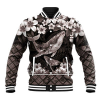 Hawaiian Plumeria and Humpback Whales Baseball Jacket Polynerian Art Tattoo-Grayscale Mode LT03 Unisex Black - Polynesian Pride