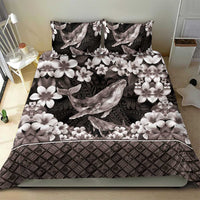 Hawaiian Plumeria and Humpback Whales Bedding Set Polynerian Art Tattoo-Grayscale Mode