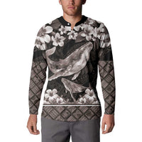 Hawaiian Plumeria and Humpback Whales Button Sweatshirt Polynerian Art Tattoo-Grayscale Mode LT03 - Polynesian Pride
