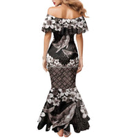 Hawaiian Plumeria and Humpback Whales Family Matching Mermaid Dress and Hawaiian Shirt Polynerian Art Tattoo-Grayscale Mode