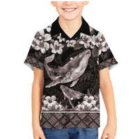 Hawaiian Plumeria and Humpback Whales Family Matching Mermaid Dress and Hawaiian Shirt Polynerian Art Tattoo-Grayscale Mode
