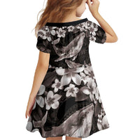 Hawaiian Plumeria and Humpback Whales Family Matching Short Sleeve Bodycon Dress and Hawaiian Shirt Polynerian Art Tattoo-Grayscale Mode