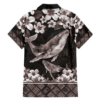 Hawaiian Plumeria and Humpback Whales Family Matching Tank Maxi Dress and Hawaiian Shirt Polynerian Art Tattoo-Grayscale Mode
