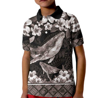 Hawaiian Plumeria and Humpback Whales Kid Polo Shirt Polynerian Art Tattoo-Grayscale Mode