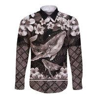 Hawaiian Plumeria and Humpback Whales Long Sleeve Button Shirt Polynerian Art Tattoo-Grayscale Mode LT03 Unisex Black - Polynesian Pride