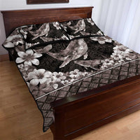 Hawaiian Plumeria and Humpback Whales Quilt Bed Set Polynerian Art Tattoo-Grayscale Mode