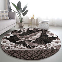 Hawaiian Plumeria and Humpback Whales Round Carpet Polynerian Art Tattoo-Grayscale Mode