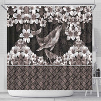 Hawaiian Plumeria and Humpback Whales Shower Curtain Polynerian Art Tattoo-Grayscale Mode