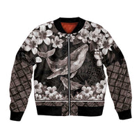 Hawaiian Plumeria and Humpback Whales Sleeve Zip Bomber Jacket Polynerian Art Tattoo-Grayscale Mode
