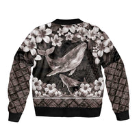 Hawaiian Plumeria and Humpback Whales Sleeve Zip Bomber Jacket Polynerian Art Tattoo-Grayscale Mode