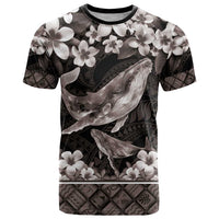 Hawaiian Plumeria and Humpback Whales T Shirt Polynerian Art Tattoo-Grayscale Mode