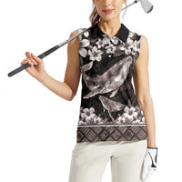 Hawaiian Plumeria and Humpback Whales Women Sleeveless Polo Shirt Polynerian Art Tattoo-Grayscale Mode