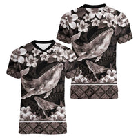 Hawaiian Plumeria and Humpback Whales Women V-Neck T-Shirt Polynerian Art Tattoo-Grayscale Mode