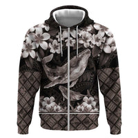 Hawaiian Plumeria and Humpback Whales Zip Hoodie Polynerian Art Tattoo-Grayscale Mode LT03 Zip Hoodie Black - Polynesian Pride