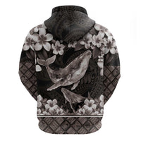 Hawaiian Plumeria and Humpback Whales Zip Hoodie Polynerian Art Tattoo-Grayscale Mode LT03 - Polynesian Pride