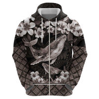 Hawaiian Plumeria and Humpback Whales Zip Hoodie Polynerian Art Tattoo-Grayscale Mode LT03 - Polynesian Pride