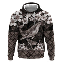 Hawaiian Plumeria and Humpback Whales Zip Hoodie Polynerian Art Tattoo-Grayscale Mode LT03 Pullover Hoodie Black - Polynesian Pride