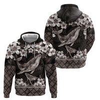 Hawaiian Plumeria and Humpback Whales Zip Hoodie Polynerian Art Tattoo-Grayscale Mode LT03 - Polynesian Pride