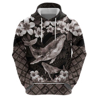 Hawaiian Plumeria and Humpback Whales Zip Hoodie Polynerian Art Tattoo-Grayscale Mode LT03 - Polynesian Pride