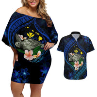 Hawaii Turtle Plumeria Flower Fanciful Couples Matching Off Shoulder Short Dress and Hawaiian Shirt LT03 Black - Polynesian Pride
