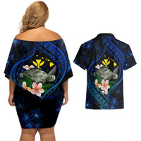 Hawaii Turtle Plumeria Flower Fanciful Couples Matching Off Shoulder Short Dress and Hawaiian Shirt LT03 - Polynesian Pride