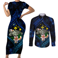 Hawaii Turtle Plumeria Flower Fanciful Couples Matching Short Sleeve Bodycon Dress and Long Sleeve Button Shirt LT03 Black - Polynesian Pride