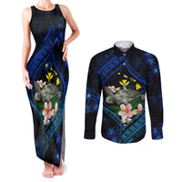 Hawaii Turtle Plumeria Flower Fanciful Couples Matching Tank Maxi Dress and Long Sleeve Button Shirt LT03 Black - Polynesian Pride