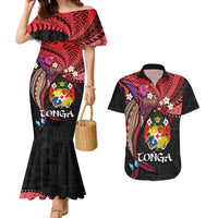 Tonga Emancipation Day Couples Matching Mermaid Dress and Hawaiian Shirt Ngatu Humpback Whale Polynesian Flower LT03 Black - Polynesian Pride