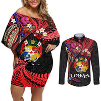 Tonga Emancipation Day Couples Matching Off Shoulder Short Dress and Long Sleeve Button Shirt Ngatu Humpback Whale Polynesian Flower LT03 Black - Polynesian Pride