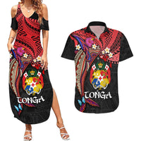Tonga Emancipation Day Couples Matching Summer Maxi Dress and Hawaiian Shirt Ngatu Humpback Whale Polynesian Flower LT03 Black - Polynesian Pride