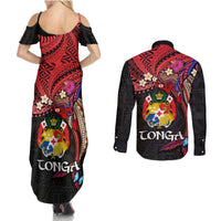 Tonga Emancipation Day Couples Matching Summer Maxi Dress and Long Sleeve Button Shirt Ngatu Humpback Whale Polynesian Flower LT03 - Polynesian Pride