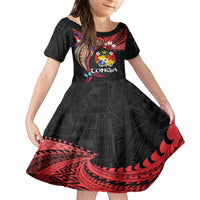 Tonga Emancipation Day Family Matching Short Sleeve Bodycon Dress and Hawaiian Shirt Ngatu Humpback Whale Polynesian Flower LT03 Daughter's Dress Black - Polynesian Pride