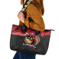 Tonga Emancipation Day Leather Tote Bag Ngatu Humpback Whale Polynesian Flower LT03 Black - Polynesian Pride