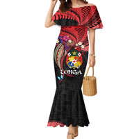 Tonga Emancipation Day Mermaid Dress Ngatu Humpback Whale Polynesian Flower LT03 Women Black - Polynesian Pride