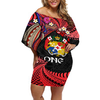 Tonga Emancipation Day Off Shoulder Short Dress Ngatu Humpback Whale Polynesian Flower LT03 Women Black - Polynesian Pride
