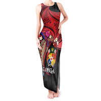 Tonga Emancipation Day Tank Maxi Dress Ngatu Humpback Whale Polynesian Flower LT03 Women Black - Polynesian Pride