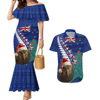 New Zealand Christmas Couples Matching Mermaid Dress and Hawaiian Shirt Kiwi Bird Santa and Silver Fern Funny Haka Dance LT03 Blue - Polynesian Pride