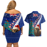 New Zealand Christmas Couples Matching Off Shoulder Short Dress and Hawaiian Shirt Kiwi Bird Santa and Silver Fern Funny Haka Dance