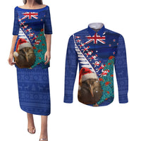 New Zealand Christmas Couples Matching Puletasi and Long Sleeve Button Shirt Kiwi Bird Santa and Silver Fern Funny Haka Dance LT03 Blue - Polynesian Pride