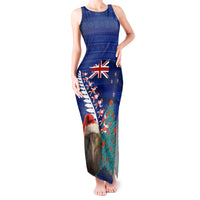 New Zealand Christmas Tank Maxi Dress Kiwi Bird Santa and Silver Fern Funny Haka Dance LT03 Women Blue - Polynesian Pride
