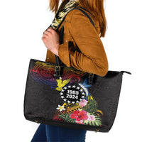 Cook Islands Independence Day Leather Tote Bag Maroro and Kakaia with Hibiscus Flower Polynesian Pattern LT03 Black - Polynesian Pride